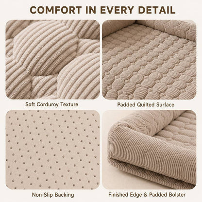 Ortekor Quilted Pet Couch Bed & Sofa Protector for Dogs & Cats – 3-Sided Bolster Corduroy Lounger with Non-Slip Backing for Couch, Floor & Bedroom – Helps Reduce Fur & Everyday Sofa Mess