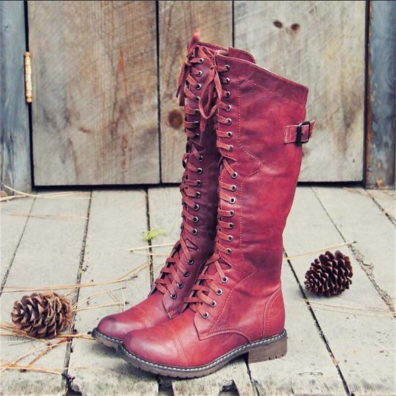 Women's Knee-High Lace-Up Leather Boots with Side Zipper & Metal Hooks for Everyday Wear, Work & Weekend Style
