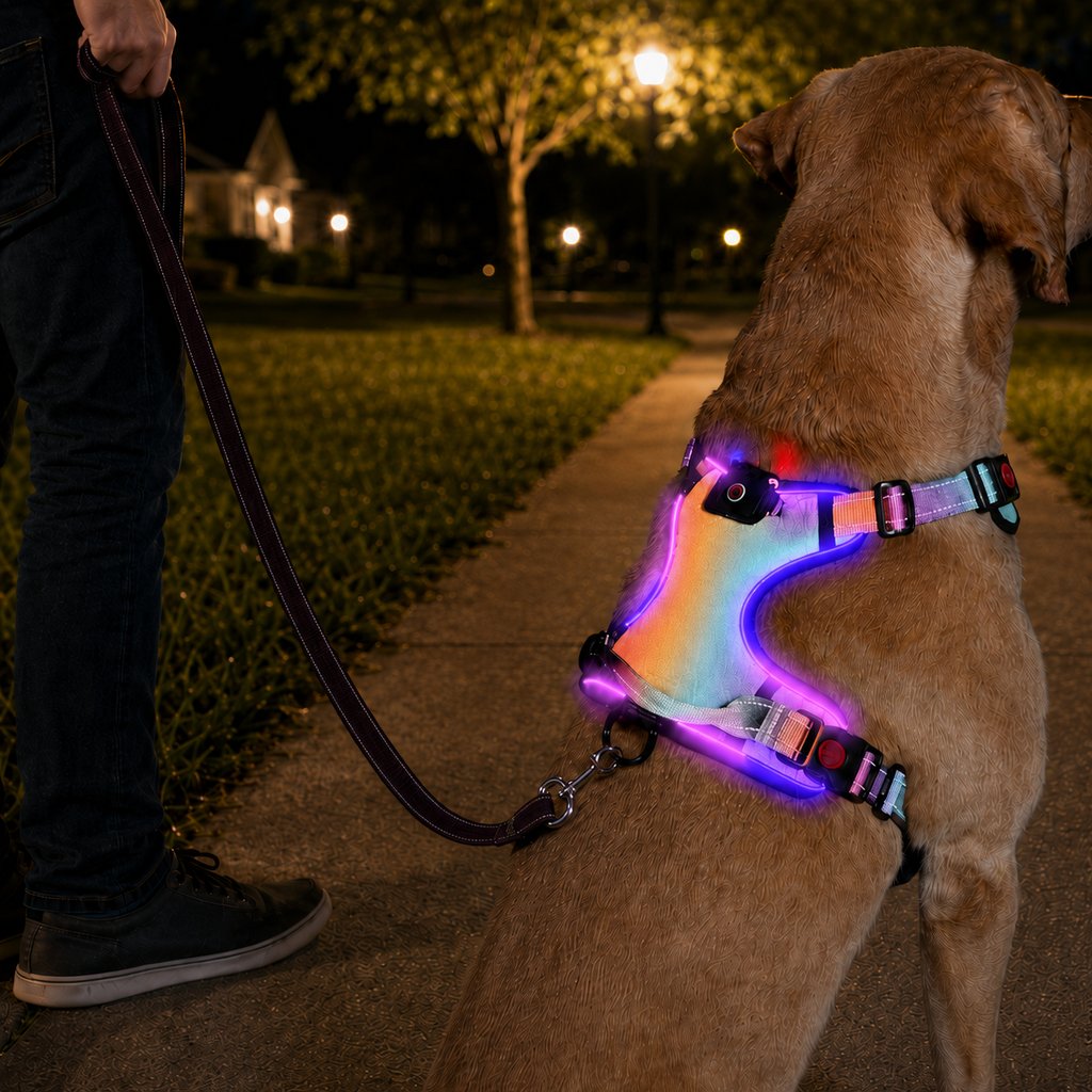 Ortekor Rechargeable LED Dog Harness for Night Walks - Back-Panel Glow & Reflective Webbing for Better Low-Light Visibility