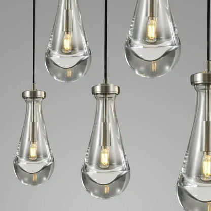 5-Light Glass Drop Chandelier, 14 Inch Round Ceiling Fixture with Cascading Crystal Pendants for Dining Room & Entryway
