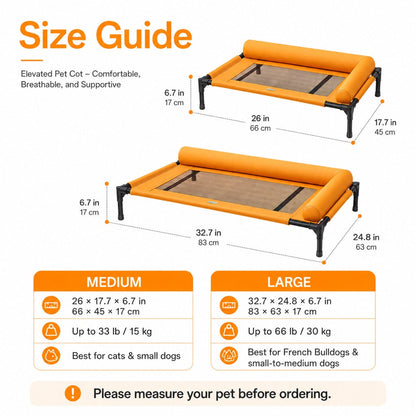 Ortekor French Bulldog Elevated Dog Cot for All-Season Indoor Naps - Breathable Raised Pet Bed with Soft Bolsters for Cooler Rest & Easy Cleaning