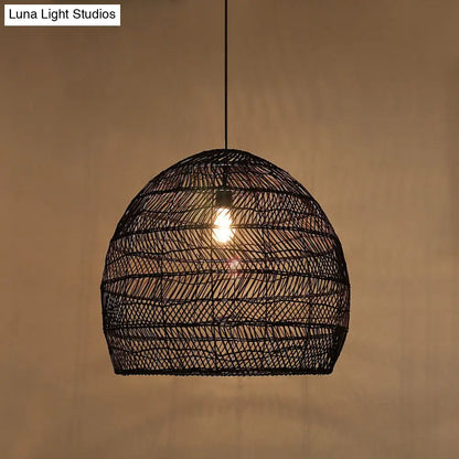 Woven Natural Fiber Dome Hanging Light Fixture – Bohemian Handcrafted Ceiling Lamp for Dining Room, Kitchen Island, Bedroom – Adjustable