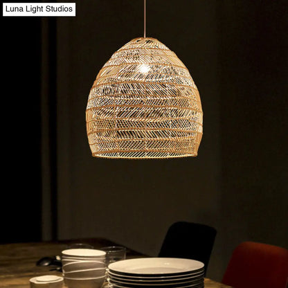 Woven Natural Fiber Dome Hanging Light Fixture – Bohemian Handcrafted Ceiling Lamp for Dining Room, Kitchen Island, Bedroom – Adjustable