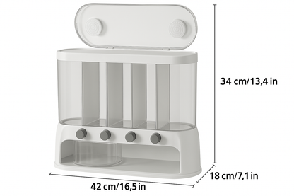 5-Section Dry Food Dispenser with Press Buttons & Sealed Flip Lid for Rice Pasta Beans Cereal Snacks Kitchen Pantry Counter Cabinet
