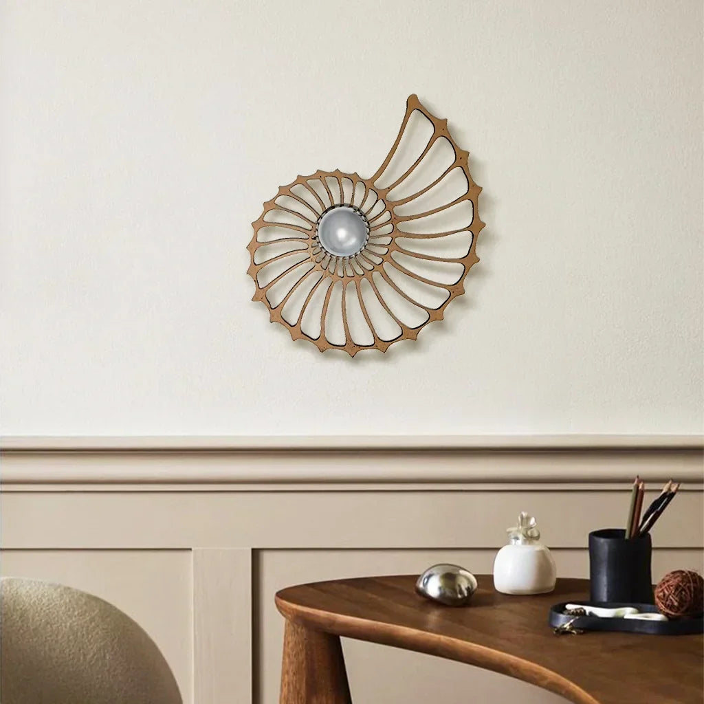 Spiral Shell Accent Sconce with LED – Handcrafted Ceramic & Wood Fixture in Gold or Black for Entryways, Bedrooms & Hallways