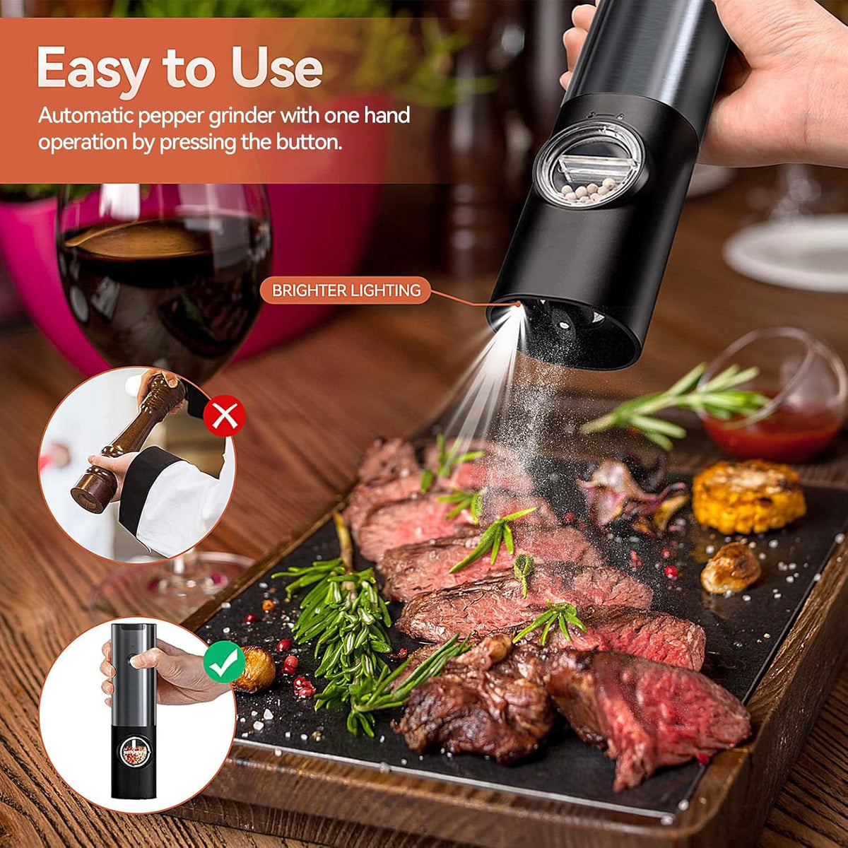 USB Rechargeable Electric Grinder Mill for Spices and Seasonings – Automatic One-Touch Stainless Steel Mill with Adjustable Coarseness Setti