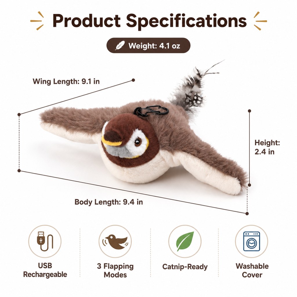 Ortekor Rechargeable Interactive Cat Toy - Flapping Bird, Plush Animal & Motion Activated Toys for Indoor Cats