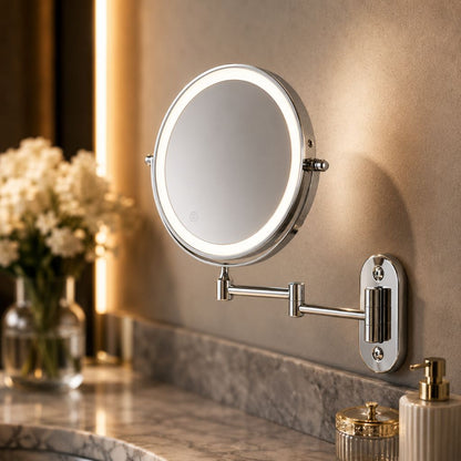 Wall-Mount Vanity Mirror with LED Ring Light & Swivel Magnifier – Rechargeable Touch Control for Makeup Application