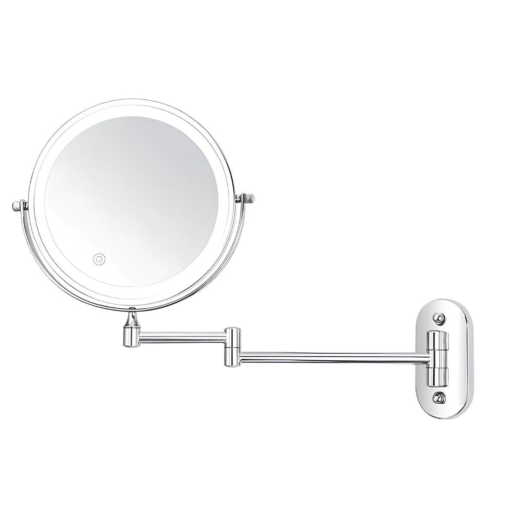Wall-Mount Vanity Mirror with LED Ring Light & Swivel Magnifier – Rechargeable Touch Control for Makeup Application