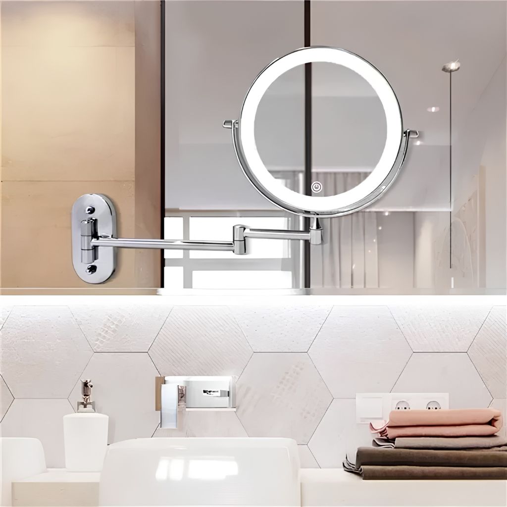 Wall-Mount Vanity Mirror with LED Ring Light & Swivel Magnifier – Rechargeable Touch Control for Makeup Application