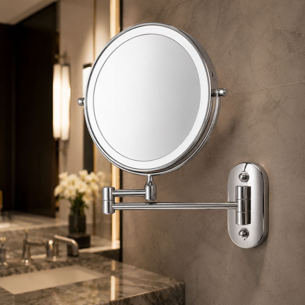 Wall-Mount Vanity Mirror with LED Ring Light & Swivel Magnifier – Rechargeable Touch Control for Makeup Application