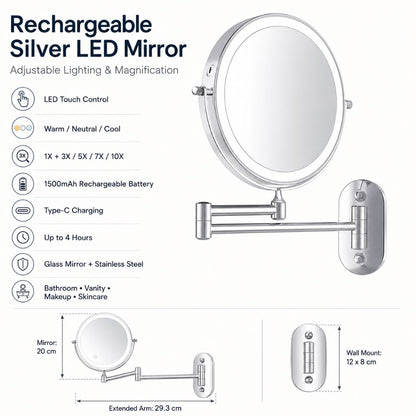 Wall-Mount Vanity Mirror with LED Ring Light & Swivel Magnifier – Rechargeable Touch Control for Makeup Application