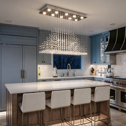 Rectangular Crystal Chandelier with Pyramid Design, 10-Light Stainless Steel Hanging Fixture for Dining Room, Kitchen Island & Living Room