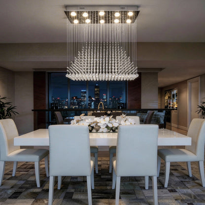 Rectangular Crystal Chandelier with Pyramid Design, 10-Light Stainless Steel Hanging Fixture for Dining Room, Kitchen Island & Living Room