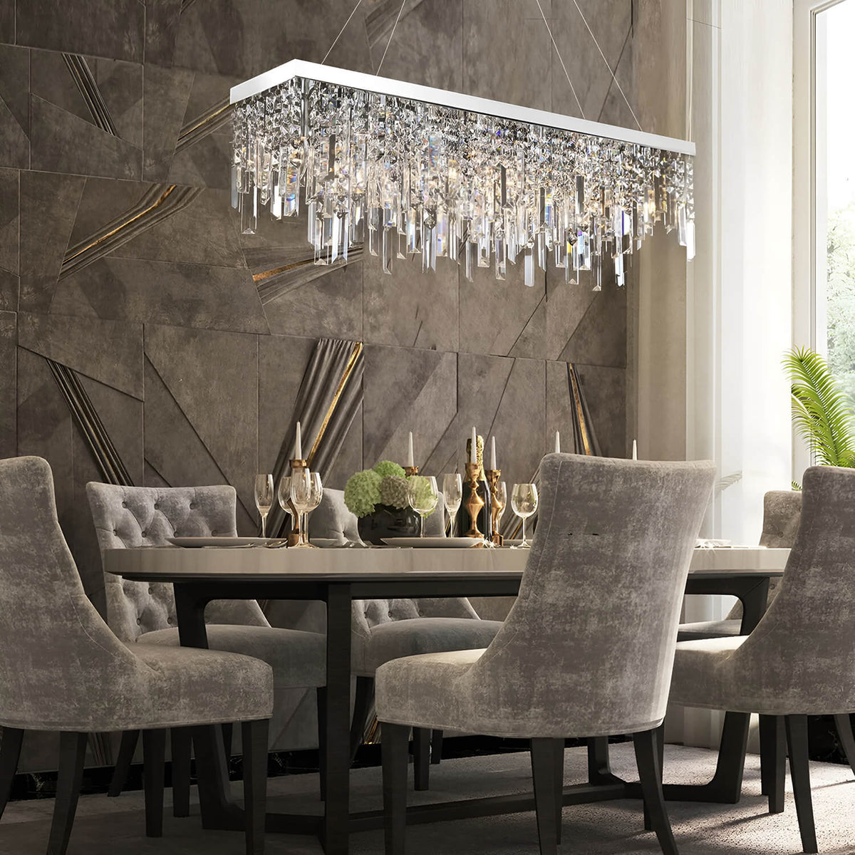 Linear Crystal Pendant Light Fixture Modern Dining Room Chandelier Stainless Steel Frame E12 Candelabra Base Adjustable Hanging Height for