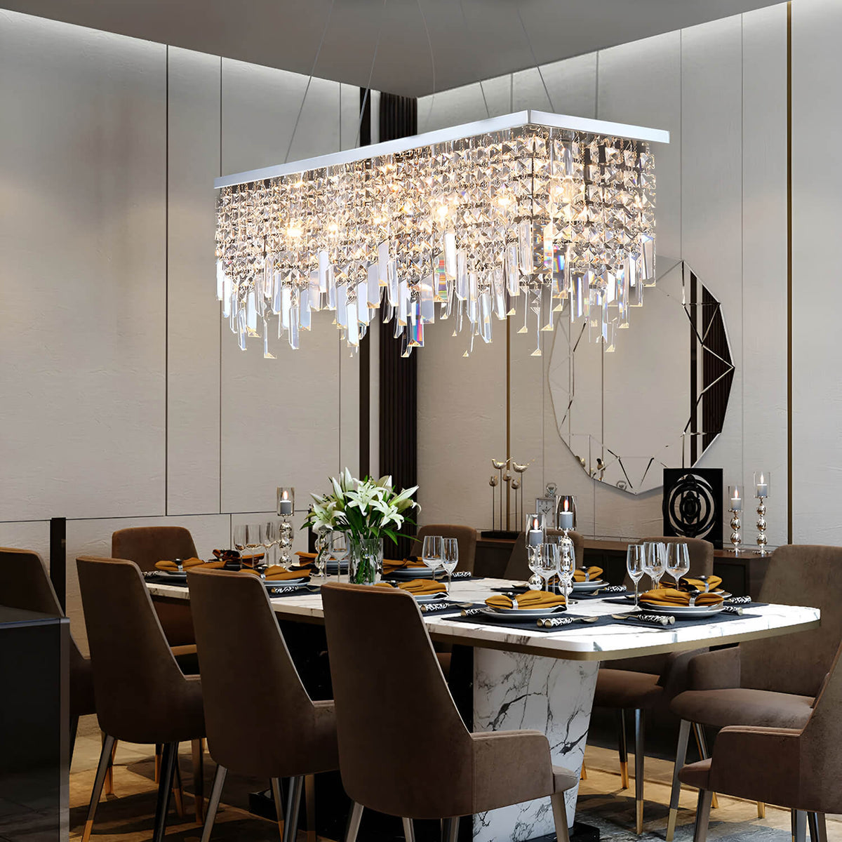 Linear Crystal Pendant Light Fixture Modern Dining Room Chandelier Stainless Steel Frame E12 Candelabra Base Adjustable Hanging Height for