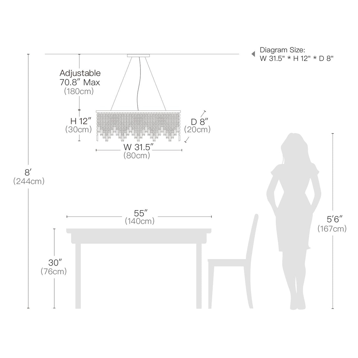 Linear Crystal Pendant Light Fixture Modern Dining Room Chandelier Stainless Steel Frame E12 Candelabra Base Adjustable Hanging Height for