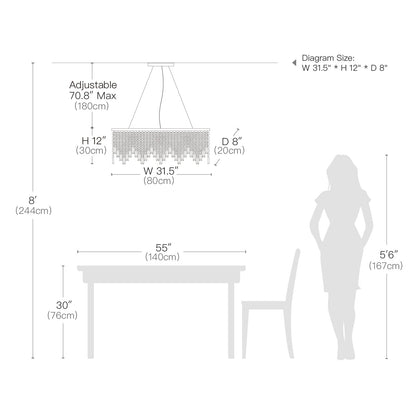 Linear Crystal Pendant Light Fixture Modern Dining Room Chandelier Stainless Steel Frame E12 Candelabra Base Adjustable Hanging Height for