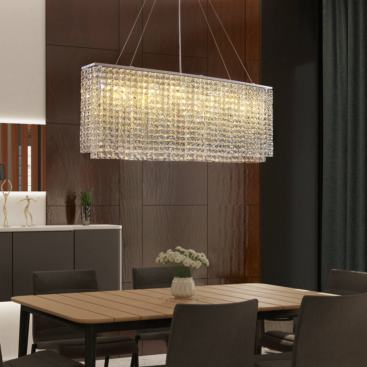 Linear Crystal Chandelier Chrome Finish Rectangular Dining Room Light Fixture Adjustable Height for Kitchen Island Living Room