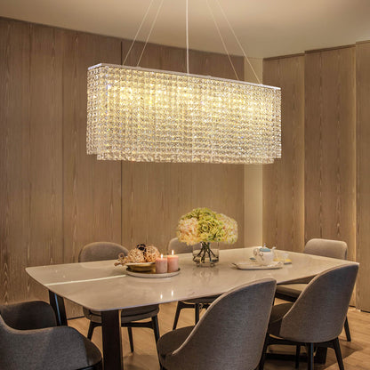 Linear Crystal Chandelier Chrome Finish Rectangular Dining Room Light Fixture Adjustable Height for Kitchen Island Living Room