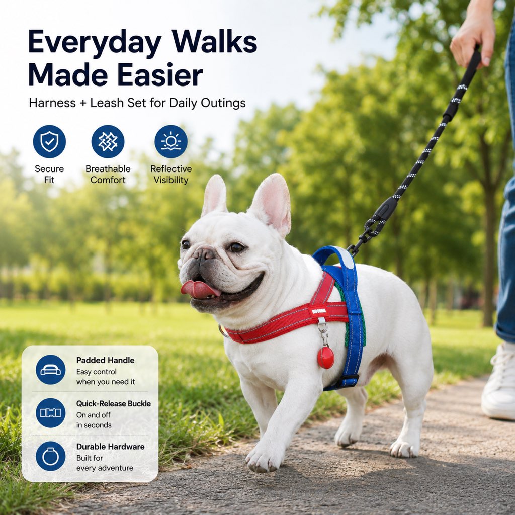 Ortekor No-Choke French Bulldog Harness & Leash Set for Daily Walks - Reflective, Easy-Control Fit for Broad-Chest Dogs