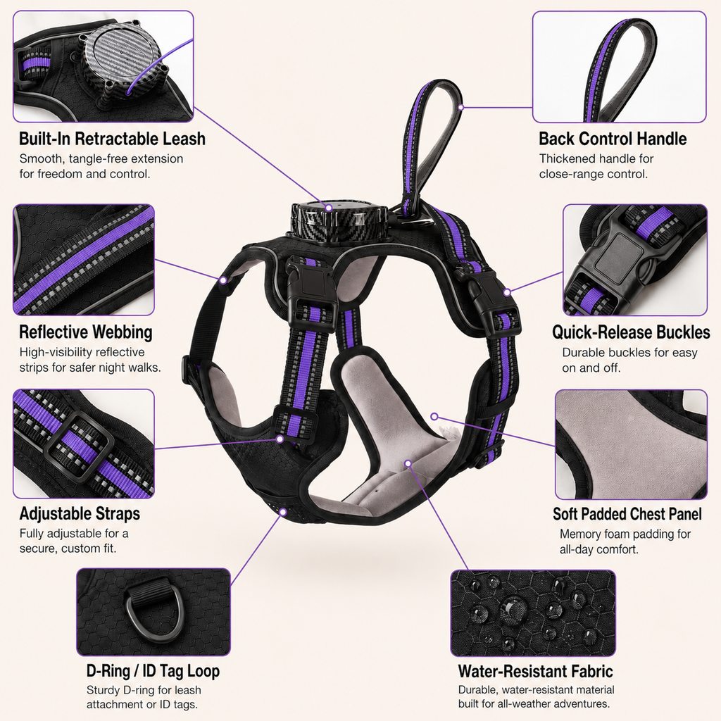 Ortekor 2-in-1 Reflective Dog Harness with Built-In Retractable Leash for Daily Walks - Close Control for Pulling Dogs