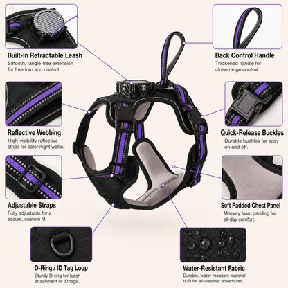 Ortekor 2-in-1 Reflective Dog Harness with Built-In Retractable Leash for Daily Walks - Close Control for Pulling Dogs