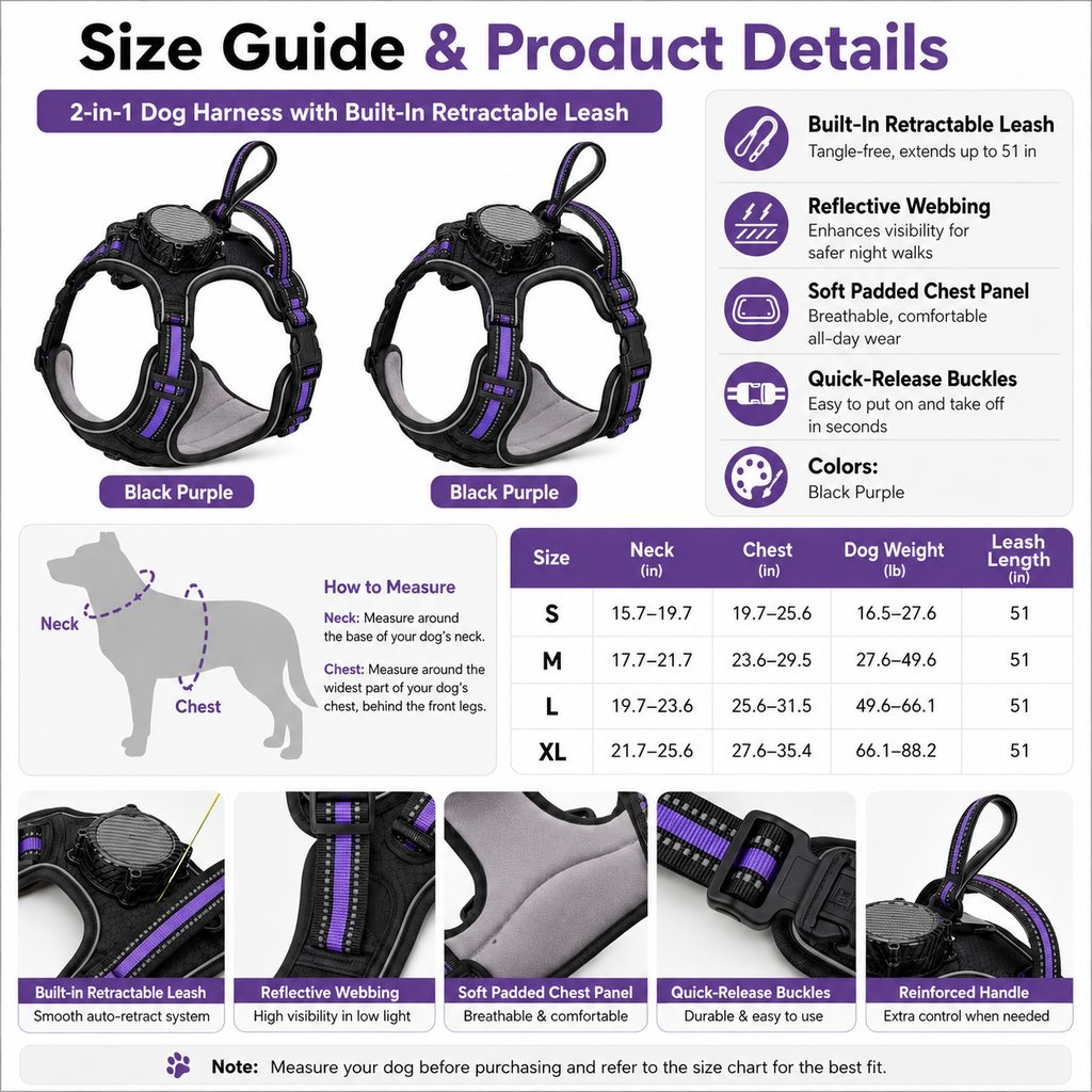Ortekor 2-in-1 Reflective Dog Harness with Built-In Retractable Leash for Daily Walks - Close Control for Pulling Dogs