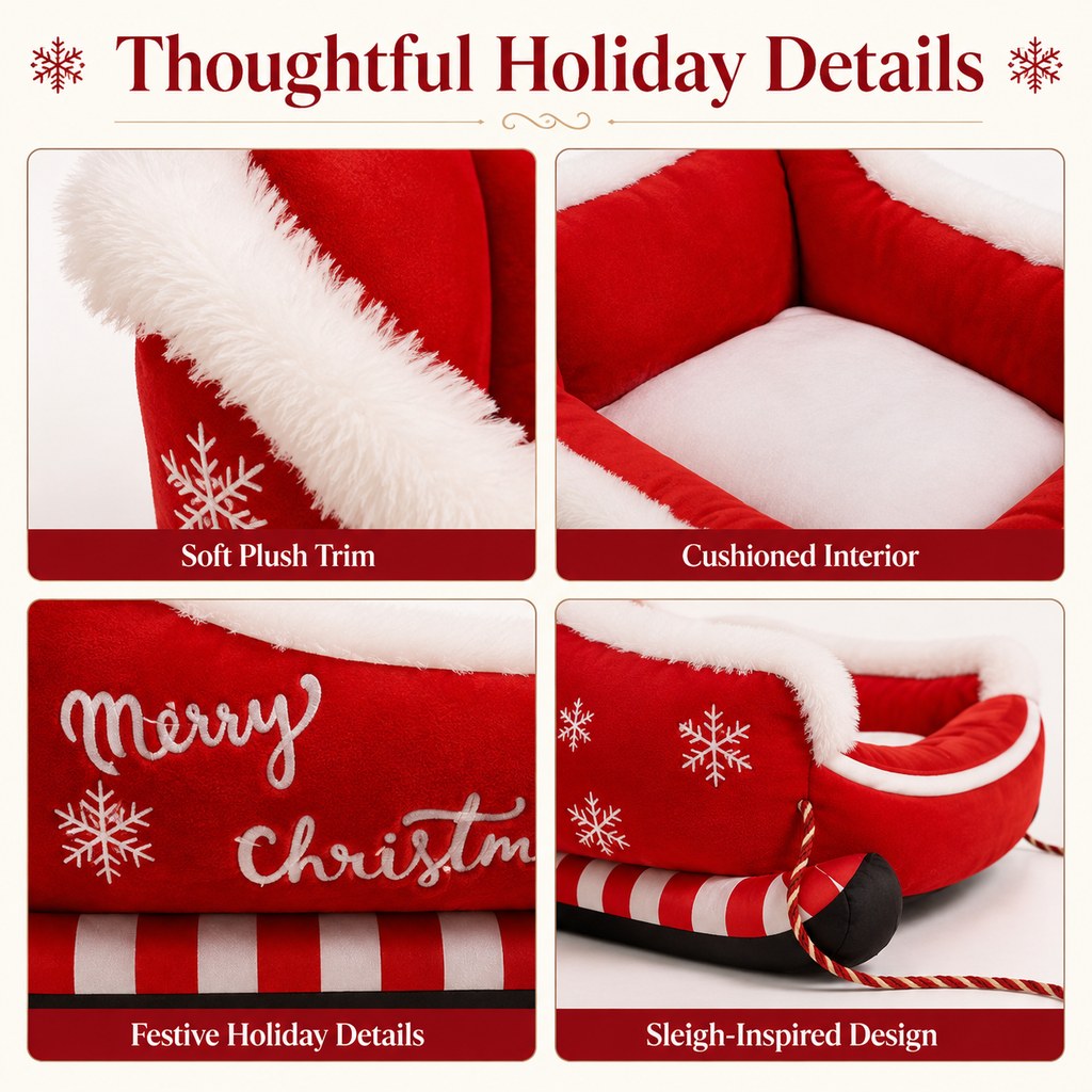 Ortekor Christmas Sleigh Dog Bed for Holiday Living Rooms – Cozy Pet Rest & Festive Décor