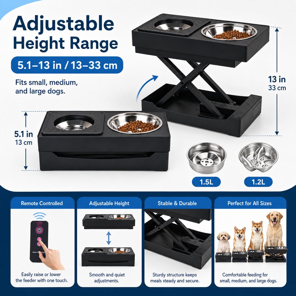 Ortekor Remote-Control Adjustable Dog Feeding Station for Home Meals - Helps Reduce Neck Bending, Slow Fast Eating & Keep Floors Cleaner