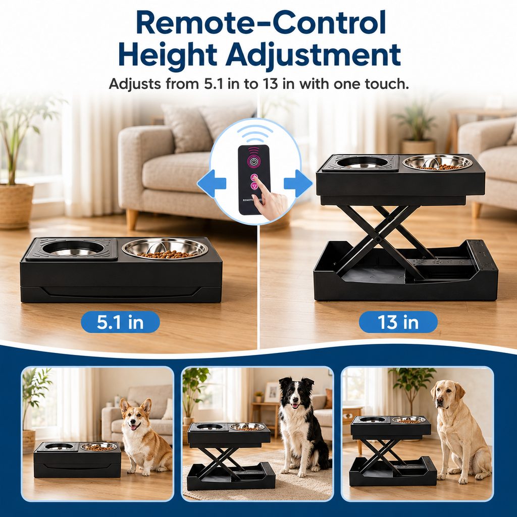 Ortekor Remote-Control Adjustable Dog Feeding Station for Home Meals - Helps Reduce Neck Bending, Slow Fast Eating & Keep Floors Cleaner