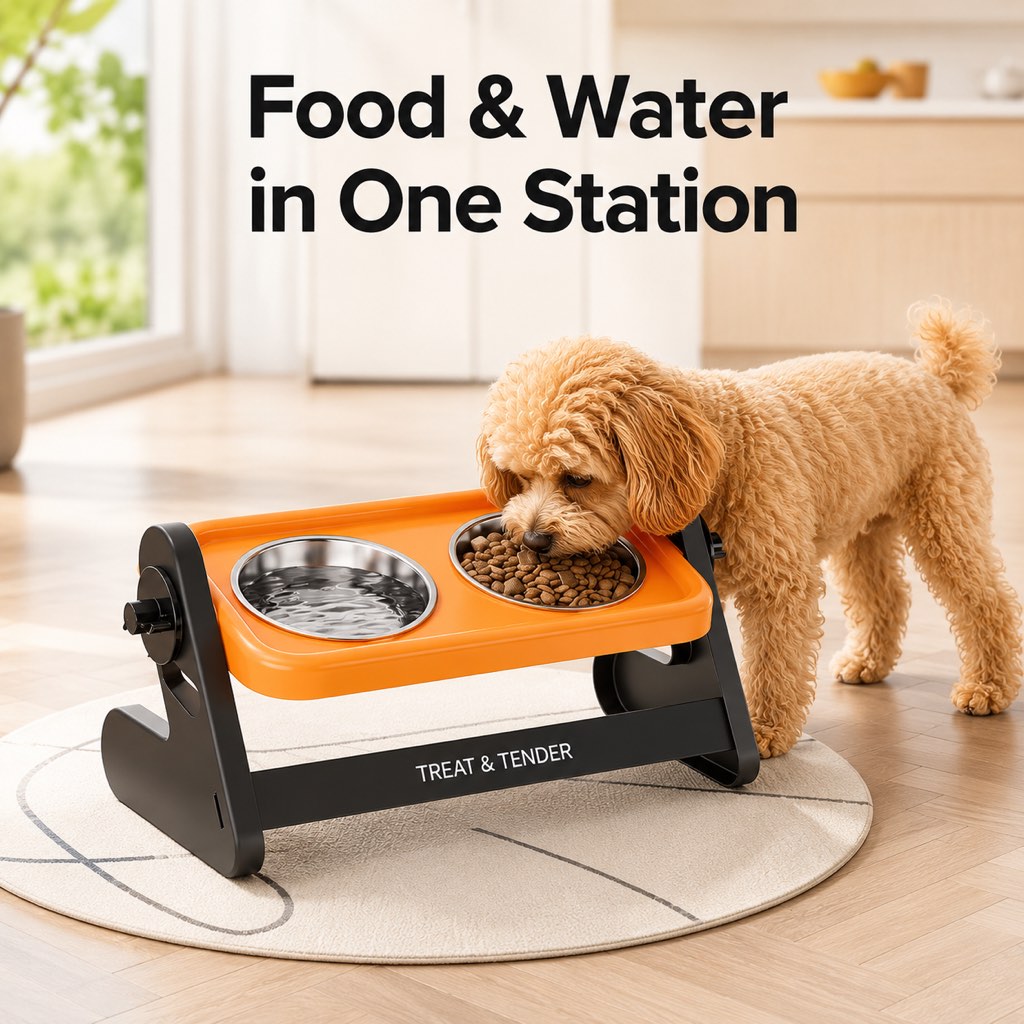 Ortekor Adjustable Elevated Stainless Steel Pet Bowls for Cats & Small Dogs - Tilted Feeding Station for Easier Mealtime & Less Floor Mess