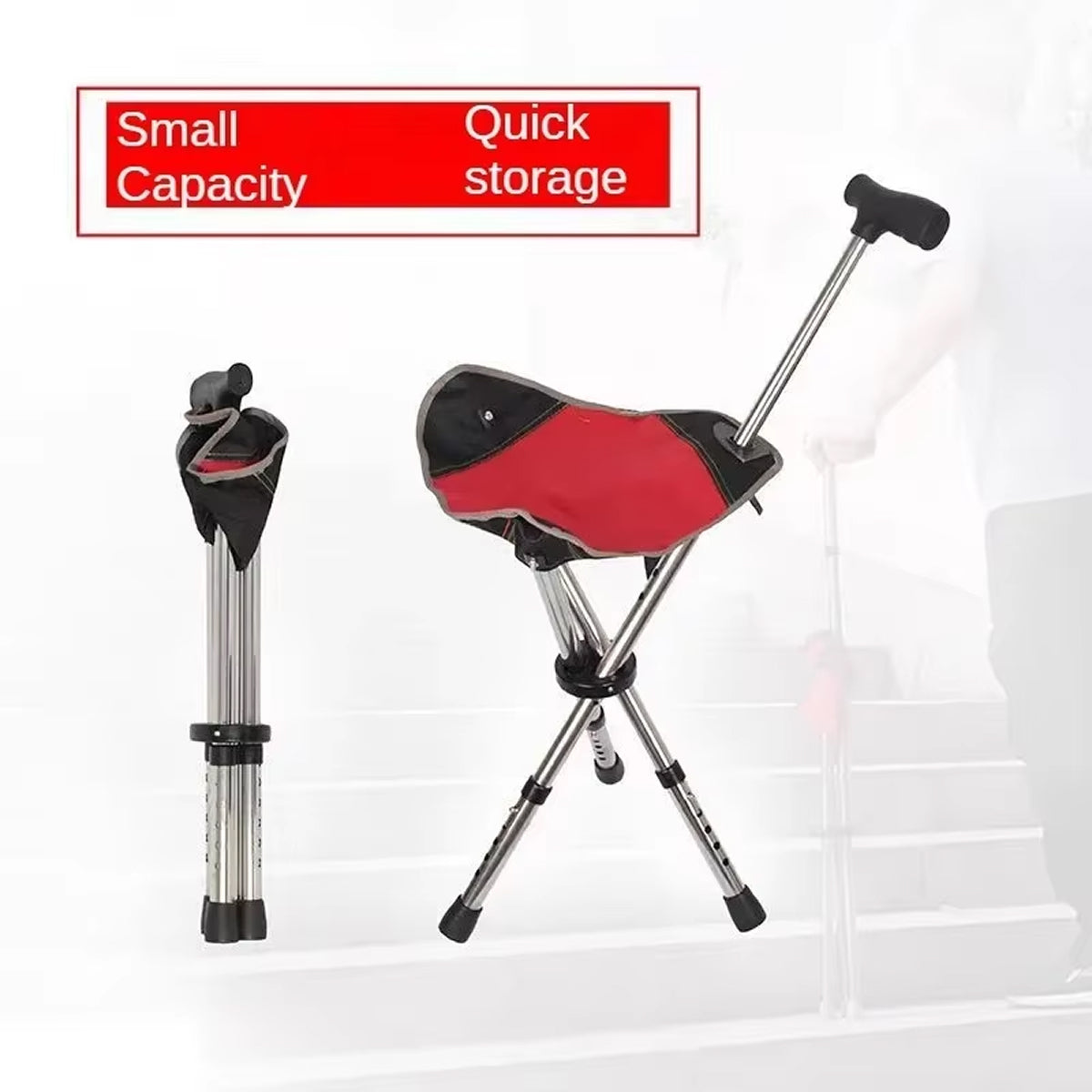 Folding Walking Cane with Built-In Seat – Adjustable Height Mobility Aid & Portable Stool for Seniors, Travel & Outdoor Use