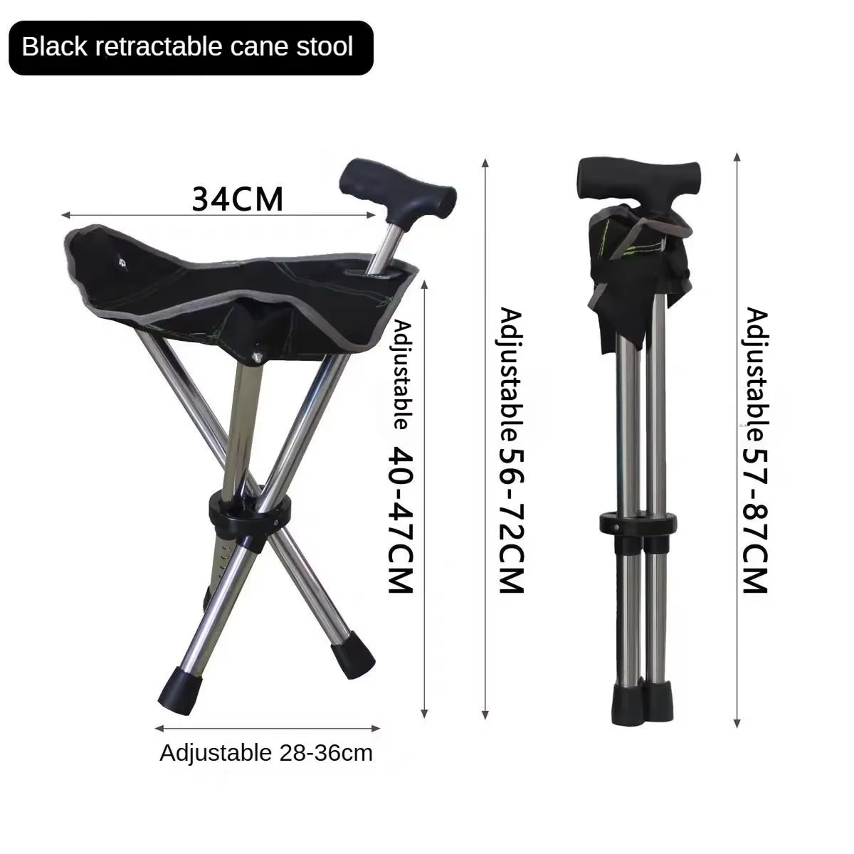 Folding Walking Cane with Built-In Seat & Tripod Base – Adjustable Height 22-34 in, Supports 287 lb, Lightweight 2.4 lb Aluminum Portable