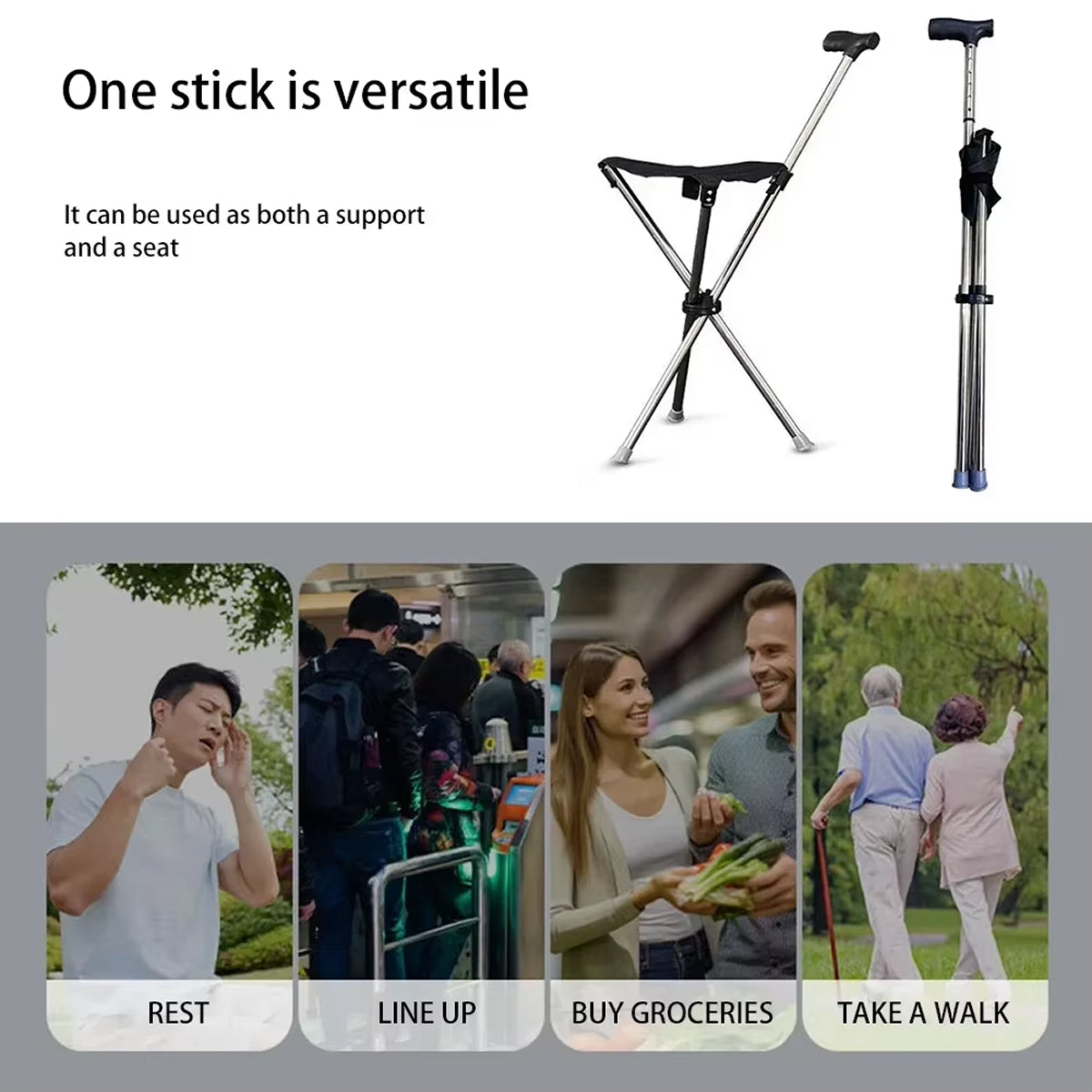 Folding Walking Cane with Built-In Seat – Adjustable Height Mobility Aid & Portable Stool for Seniors, Travel & Outdoor Use