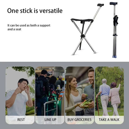 Folding Walking Cane with Built-In Seat & Tripod Base – Adjustable Height 22-34 in, Supports 287 lb, Lightweight 2.4 lb Aluminum Portable