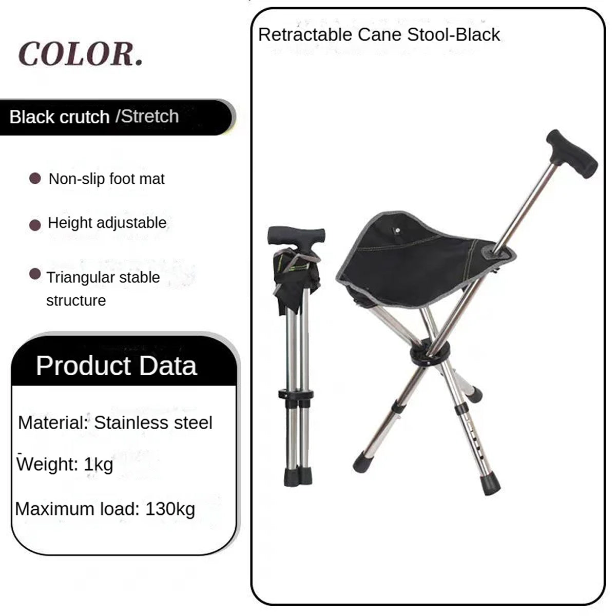 Folding Walking Cane with Built-In Seat & Tripod Base – Adjustable Height 22-34 in, Supports 287 lb, Lightweight 2.4 lb Aluminum Portable