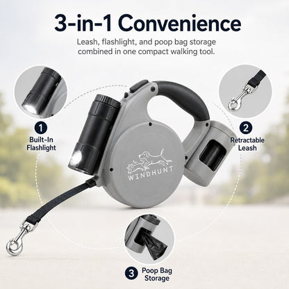 Ortekor 3-in-1 Retractable Dog Leash for Night Walks - Built-In Flashlight & Poop Bag Holder for Easier, Cleaner Walks