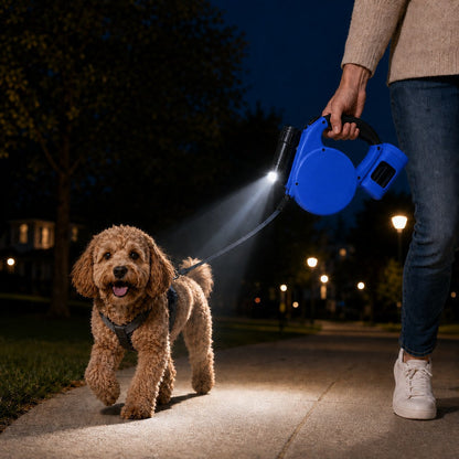 Ortekor 3-in-1 Retractable Dog Leash for Night Walks - Built-In Flashlight & Poop Bag Holder for Easier, Cleaner Walks