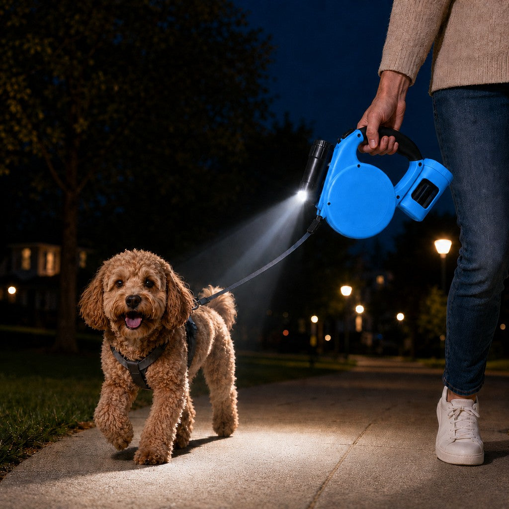 Ortekor 3-in-1 Retractable Dog Leash for Night Walks - Built-In Flashlight & Poop Bag Holder for Easier, Cleaner Walks