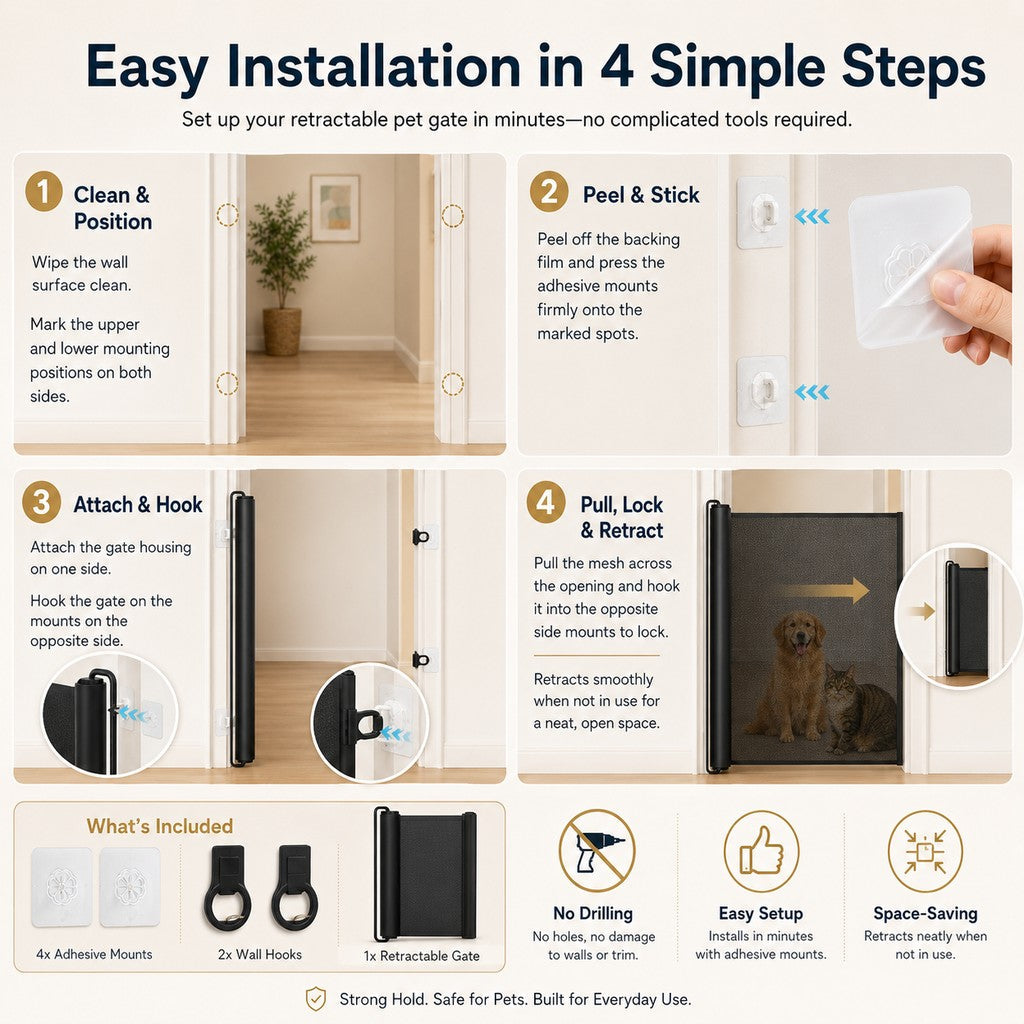 Ortekor No-Drill Retractable Pet Gate for Doorways, Kitchens & Stairs - Keep Cats and Dogs Safely Out of Off-Limit Areas