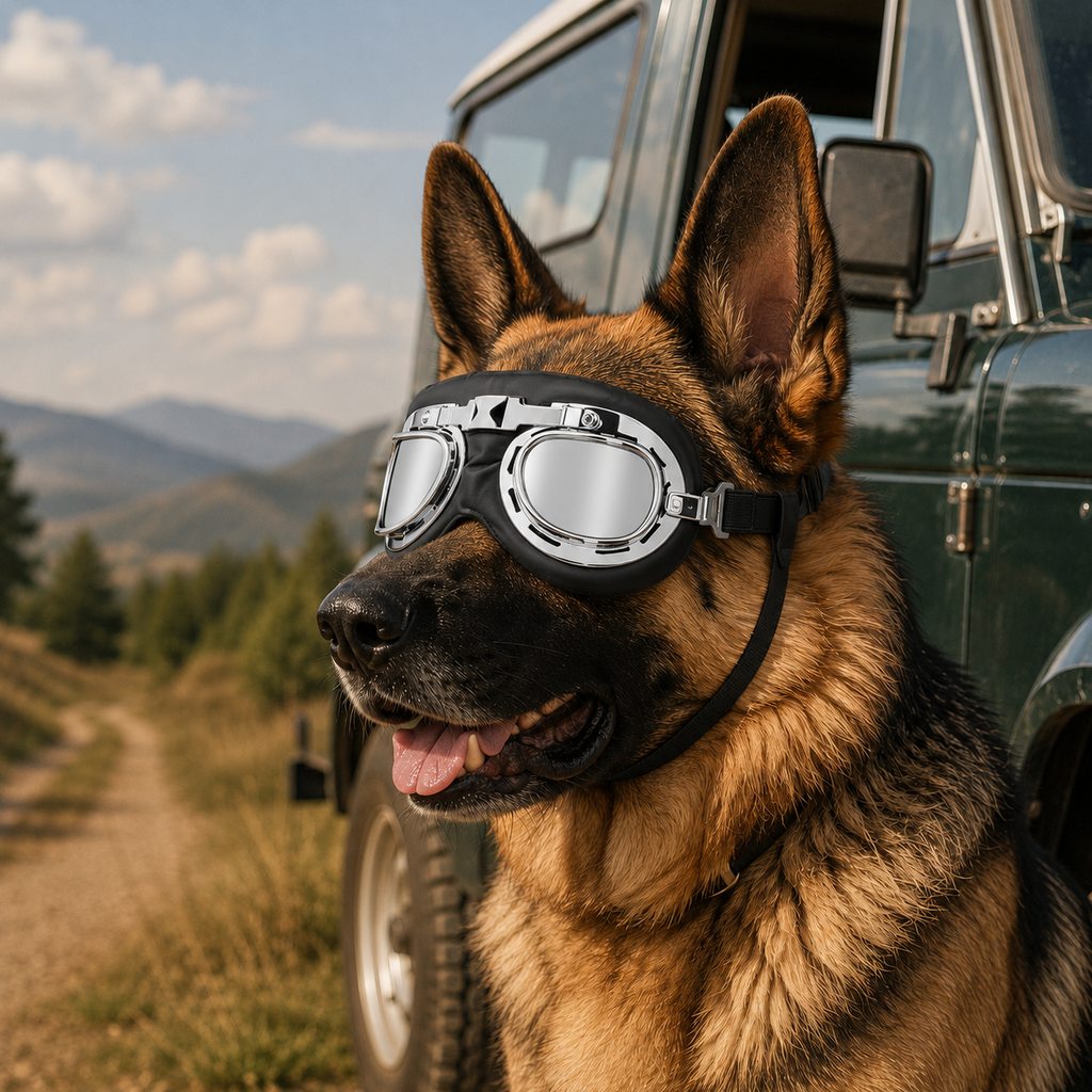 Ortekor Retro Aviator Dog Goggles for Hiking & Road Trips - Adjustable Padded Eyewear That Helps Reduce Wind & Dust Exposure