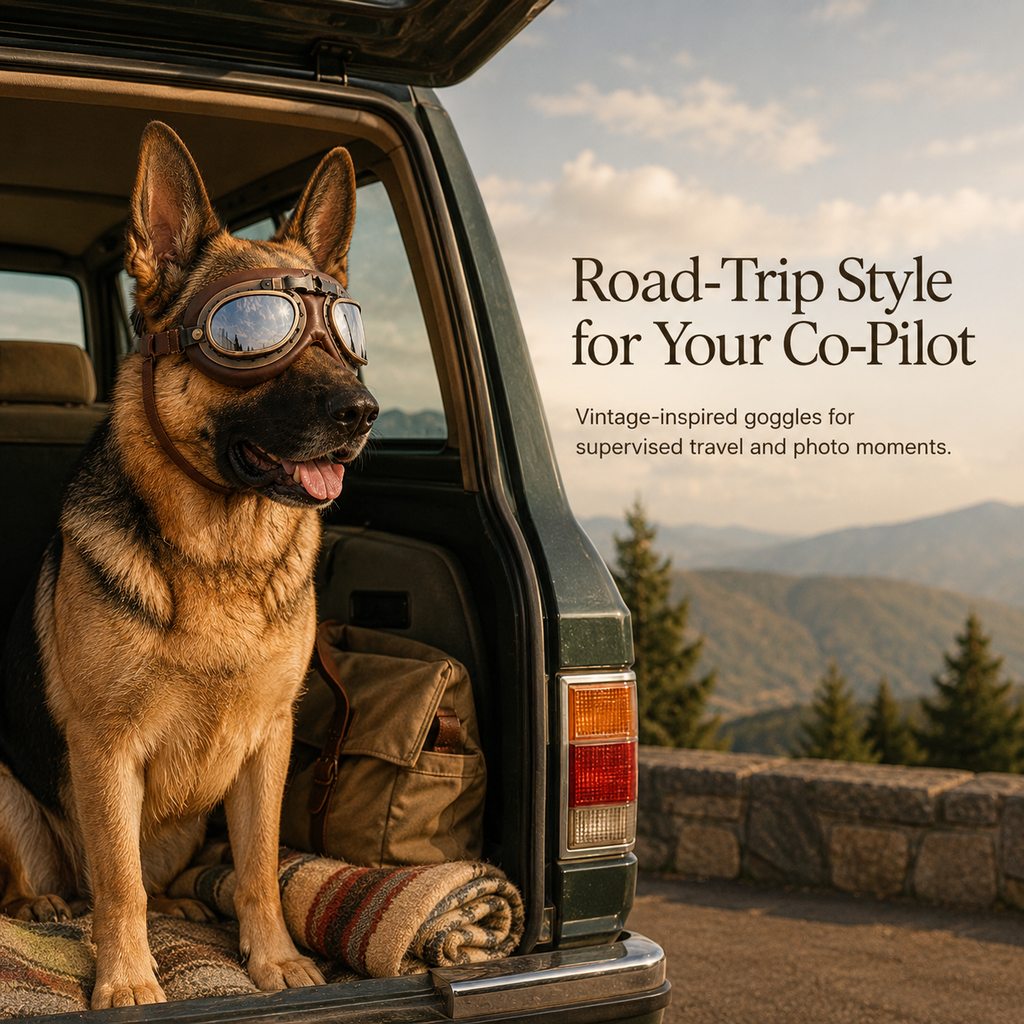 Ortekor Retro Aviator Dog Goggles for Hiking & Road Trips - Adjustable Padded Eyewear That Helps Reduce Wind & Dust Exposure