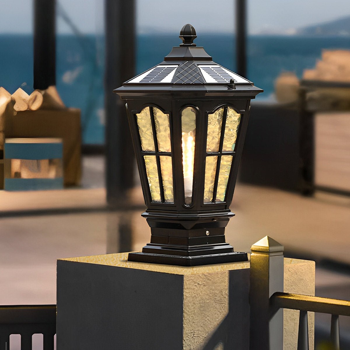 Solar Fence Post Light Cast Aluminum 17 in Tall Warm LED Lantern Waterproof for Driveway Patio Pillar Garden Pathway Gate Post Outdoor Light