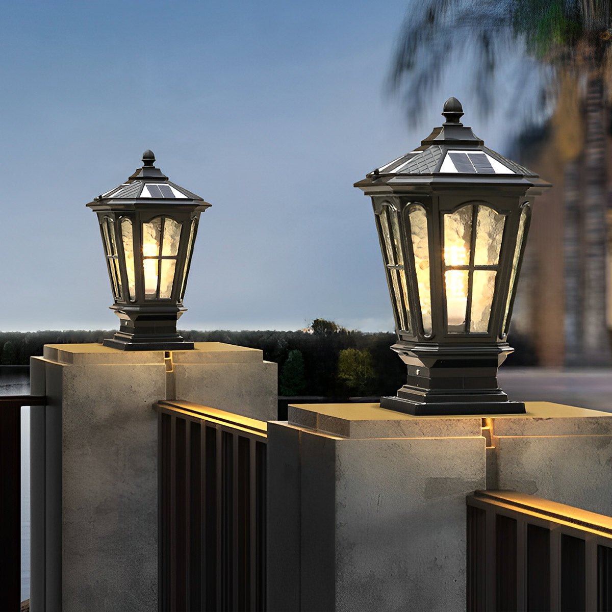 Solar Fence Post Light Cast Aluminum 17 in Tall Warm LED Lantern Waterproof for Driveway Patio Pillar Garden Pathway Gate Post Outdoor Light