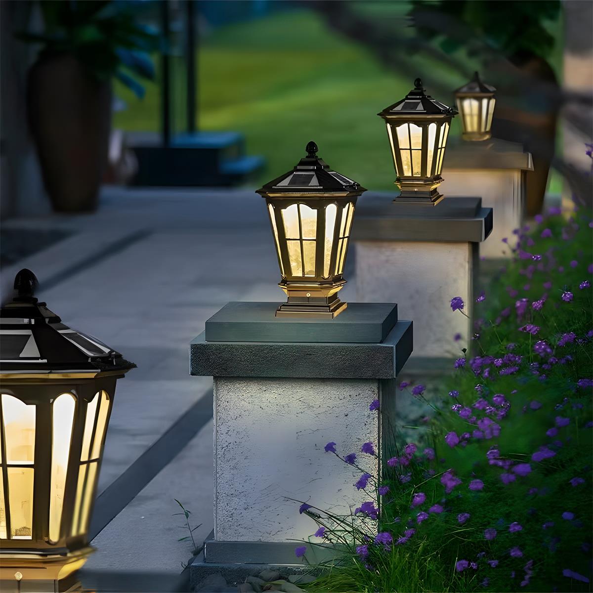 Solar Fence Post Light Cast Aluminum 17 in Tall Warm LED Lantern Waterproof for Driveway Patio Pillar Garden Pathway Gate Post Outdoor Light