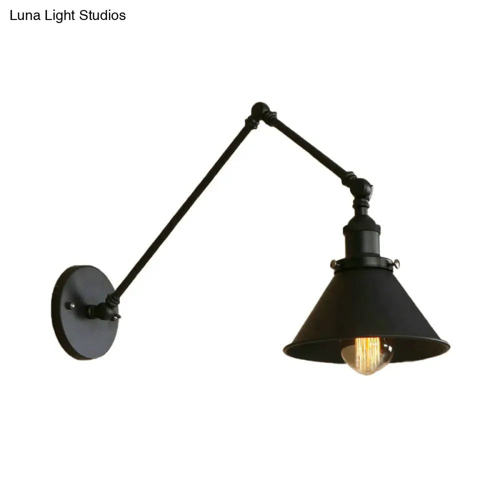 Adjustable Swing Arm Wall Sconce – Black Metal Cone Shade Light for Bedroom, Living Room & Hallway – Industrial Reading Lamp