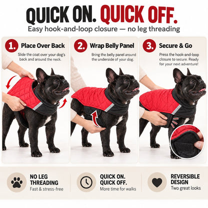 Ortekor Reversible Quilted Dog Winter Coat for Cold Walks - Water-Resistant Reflective 2-in-1 Jacket with Easy Belly Fit