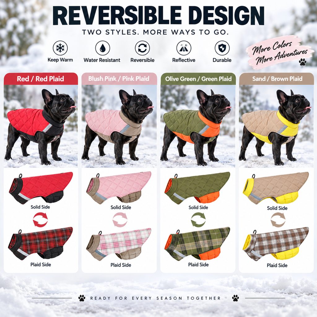 Ortekor Reversible Quilted Dog Winter Coat for Cold Walks - Water-Resistant Reflective 2-in-1 Jacket with Easy Belly Fit