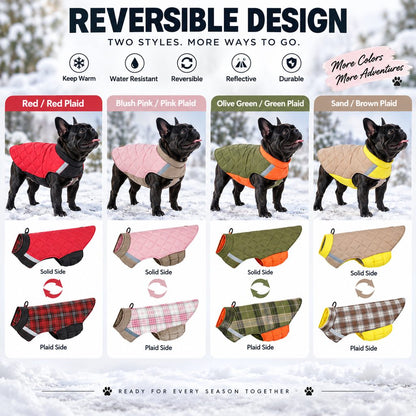 Ortekor Reversible Quilted Dog Winter Coat for Cold Walks - Water-Resistant Reflective 2-in-1 Jacket with Easy Belly Fit